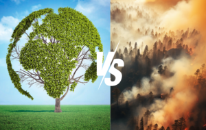 A green tree shaped like Earth contrasts with a smoky, burning forest; "VS" in the center.