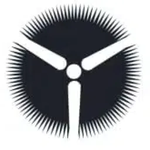 A black circular gear logo with three white spokes and radiating teeth.