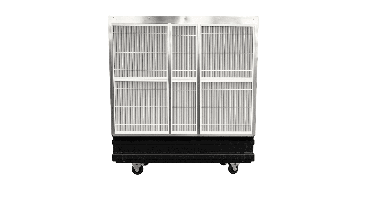 Large industrial air purifier with filters and wheels, front view, on a white background.