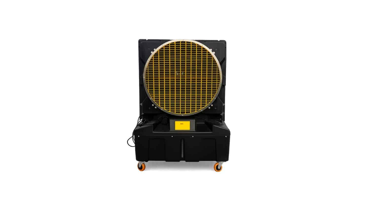Large black industrial fan with a yellow grill, mounted on wheels, against a white background.