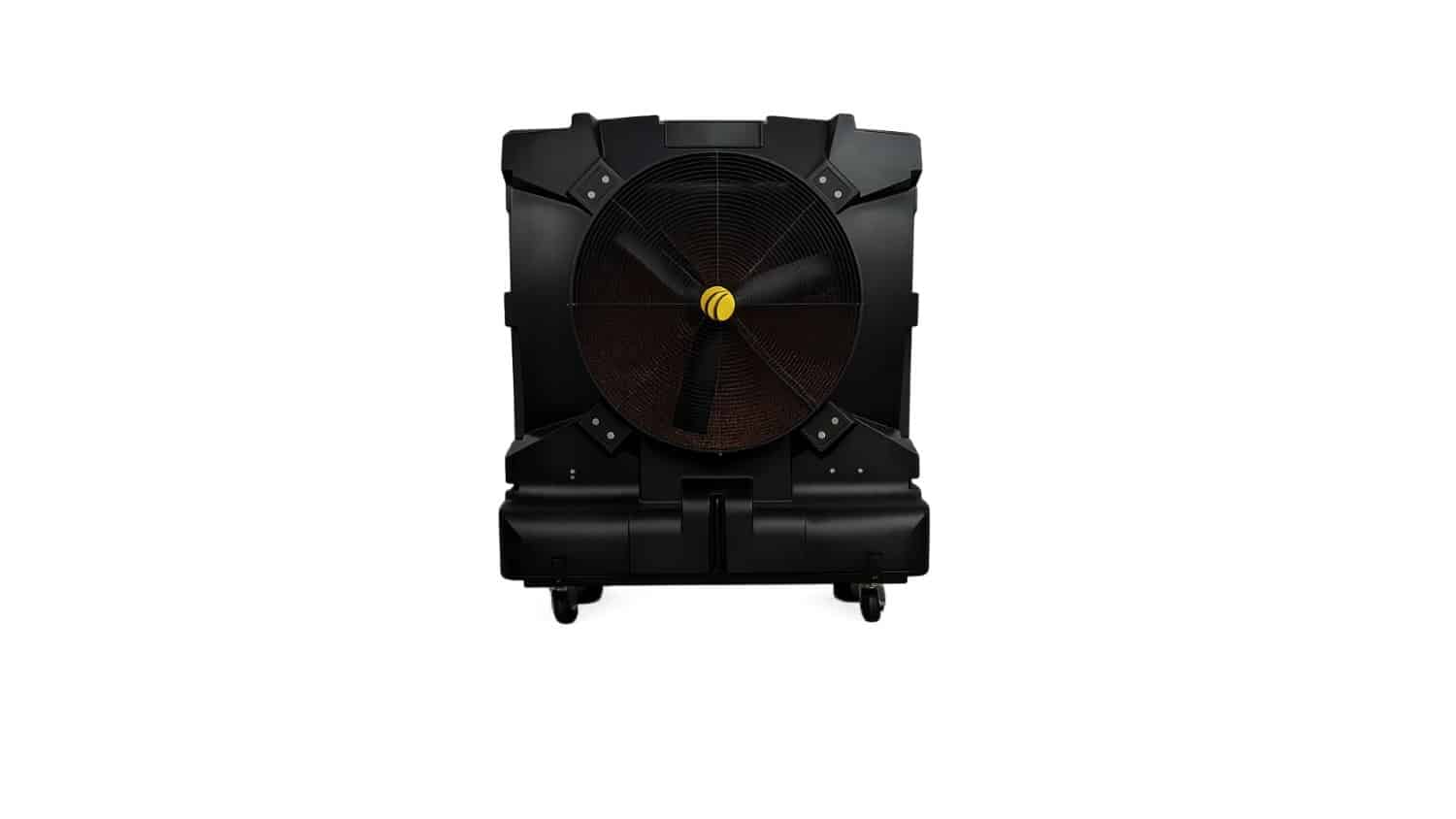Large black industrial fan on wheels, viewed from the front, with a yellow center.