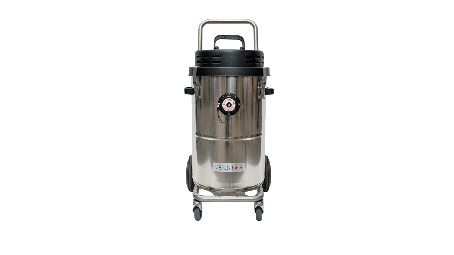 Stainless steel industrial vacuum cleaner on wheels, front view.