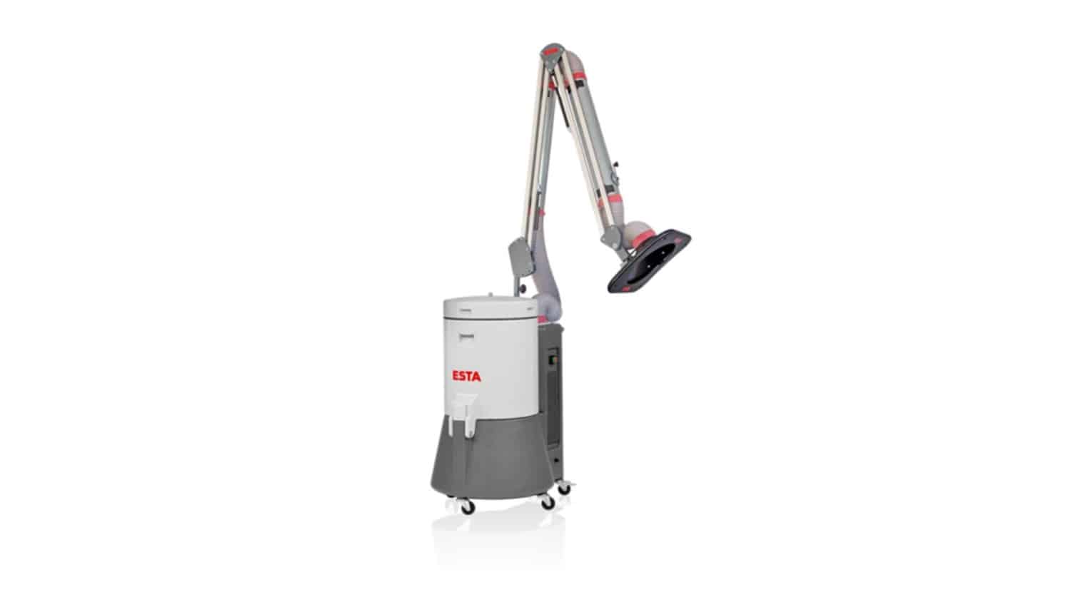 Mobile industrial dust extractor with flexible hose arm and wheels.