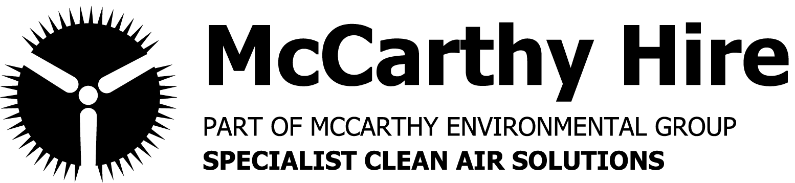 McCarthy Hire logo with a black gear icon and text: "Specialist Clean Air Solutions."