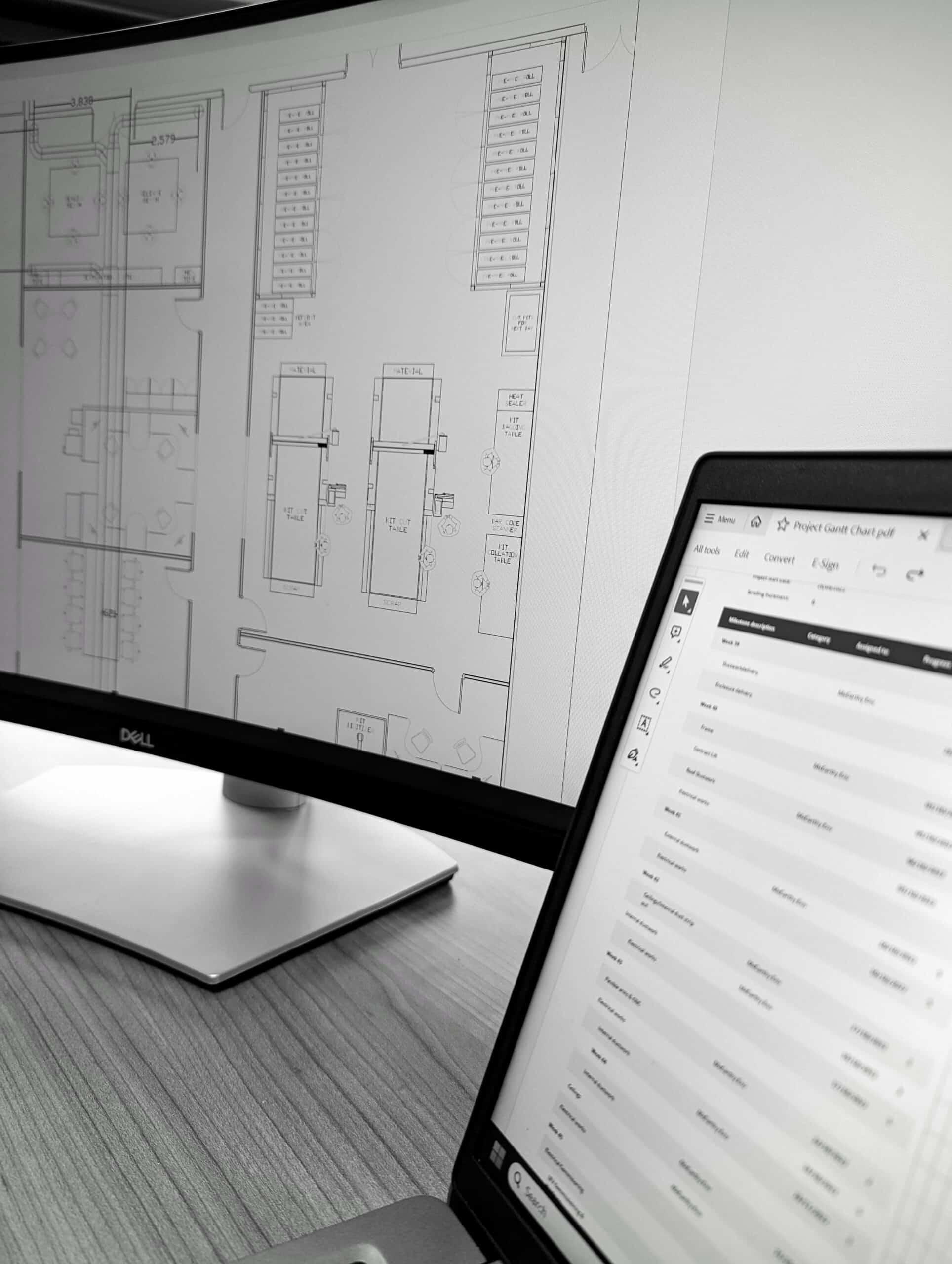 A computer monitor shows floor plans; a laptop displays a project file list on a desk.